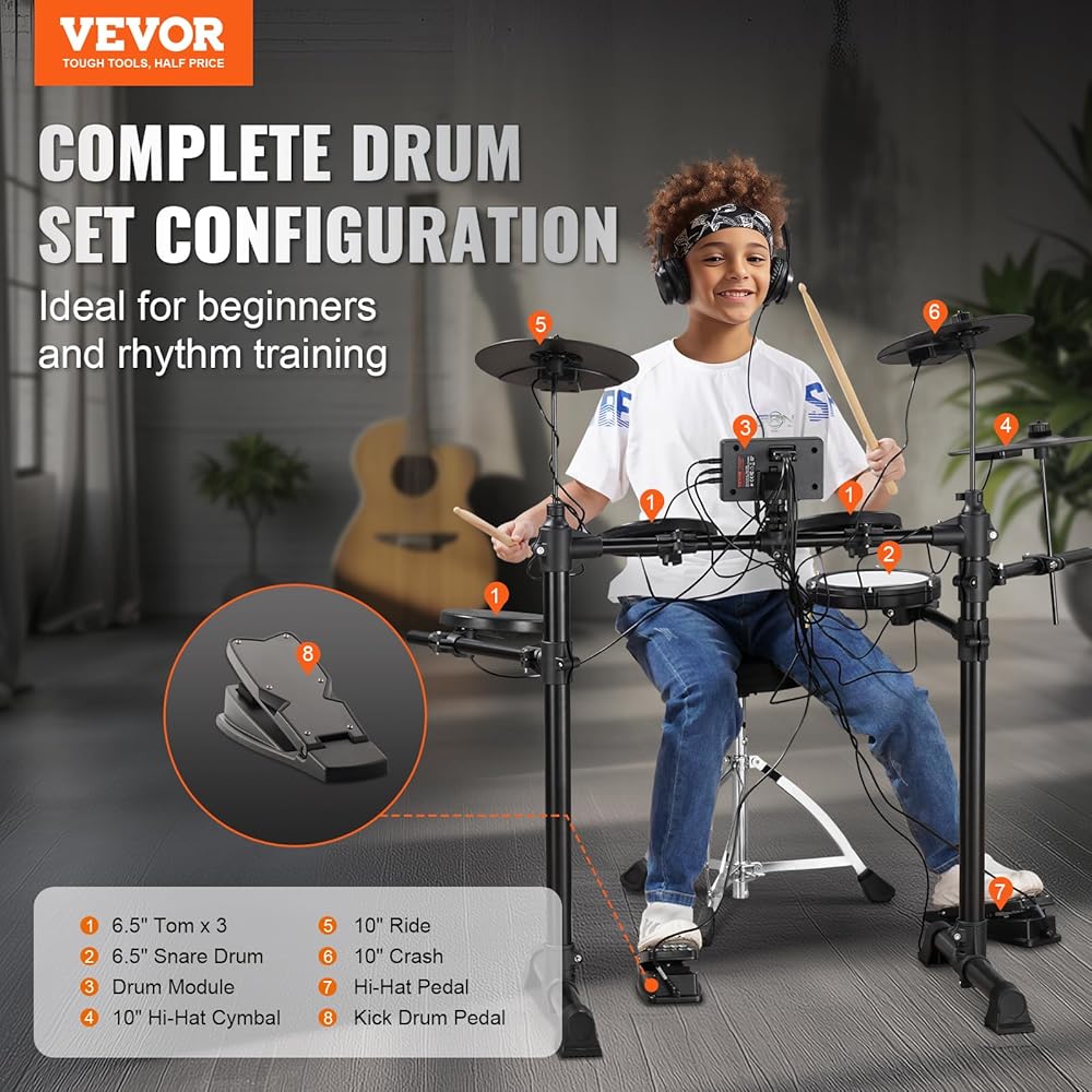 VEVOR Electric Drum Set, 15 Drum Kits &amp; 150 Sounds Electronic Drum Kit, USB MIDI Supported 6.5 in Quiet Mesh Snare Electric Drum Set with 10 in Cymbals Drum Sticks &amp; Headphone, for Beginners &amp; Adults