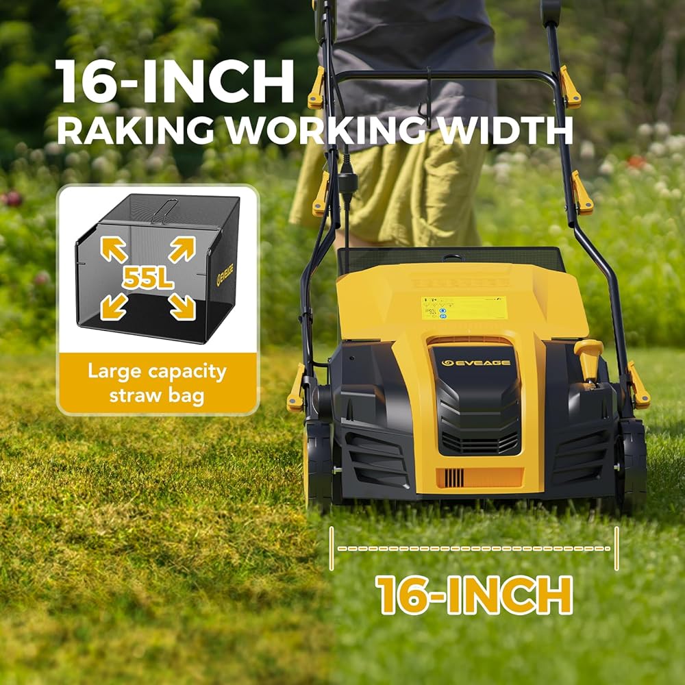 2024 Upgraded EVEAGE 16-Inch 15 Amp Electric Dethatcher &amp; Scarifier, 5-Position Depth Adjustment, 14.5gal Collection Bag, Increases Lawn Health, EDS16S