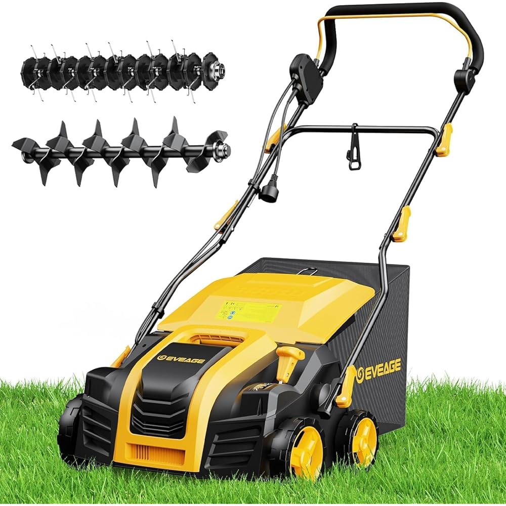 2024 Upgraded EVEAGE 16-Inch 15 Amp Electric Dethatcher &amp; Scarifier, 5-Position Depth Adjustment, 14.5gal Collection Bag, Increases Lawn Health, EDS16S