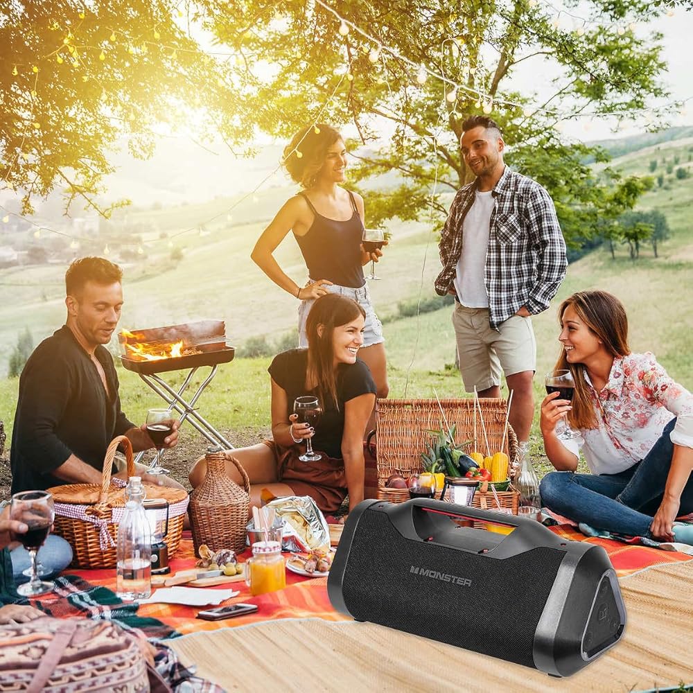 Monster Bluetooth BoomboxIPX5 Rechargeable Waterproof Bluetooth Speaker with USB Charge Out &amp; Aux Input, 120W Portable Wireless Speaker