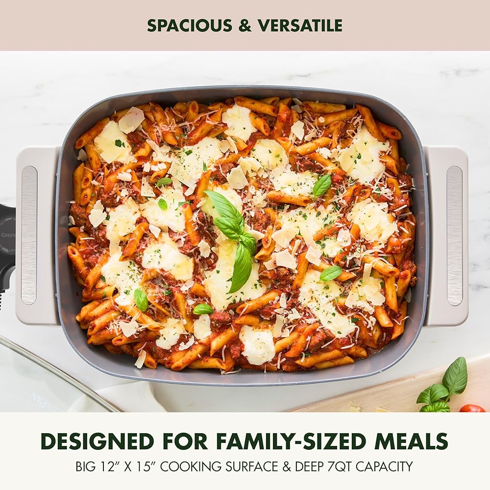 GreenPan Advanced 12” X 15” Electric Skillet with Lid, 7QT Capacity for Family Meals, Healthy Ceramic Nonstick PFAS-Free Coating, Fry, Sauté, Steam, Simmer, Sear, Stir Fry, Dishwasher Safe, Clay