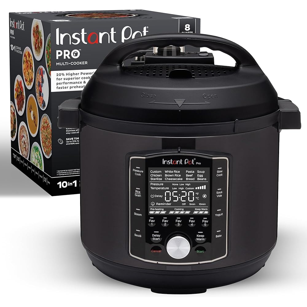 Instant Pot Pro (8 QT) 10-in-1 Pressure Cooker, Slow Cooker, Rice/Grain Cooker, Steamer, Sauté, Sous Vide, Yogurt Maker, Sterilizer, and Warmer, Includes App With Over 800 Recipes, Black