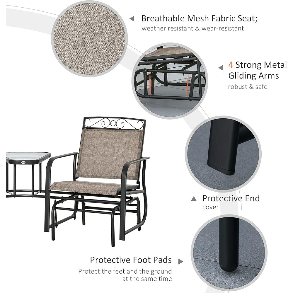 Outsunny Outdoor Glider Chairs with Coffee Table, Patio 2-Seat Rocking Chair Swing with Breathable Sling for Backyard, Garden and Porch, Brown