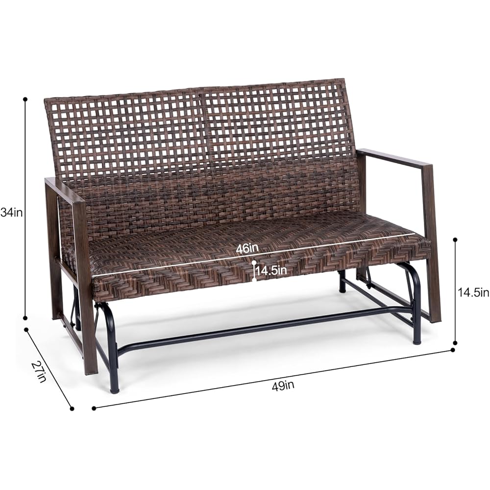 Wicker 2 Person Patio Glider with Double Weaved Wicker Seat, Powder Coated Metal Frame, 50" W x 25.5" D x 35.5" H, 400 Lb Weight Capacity