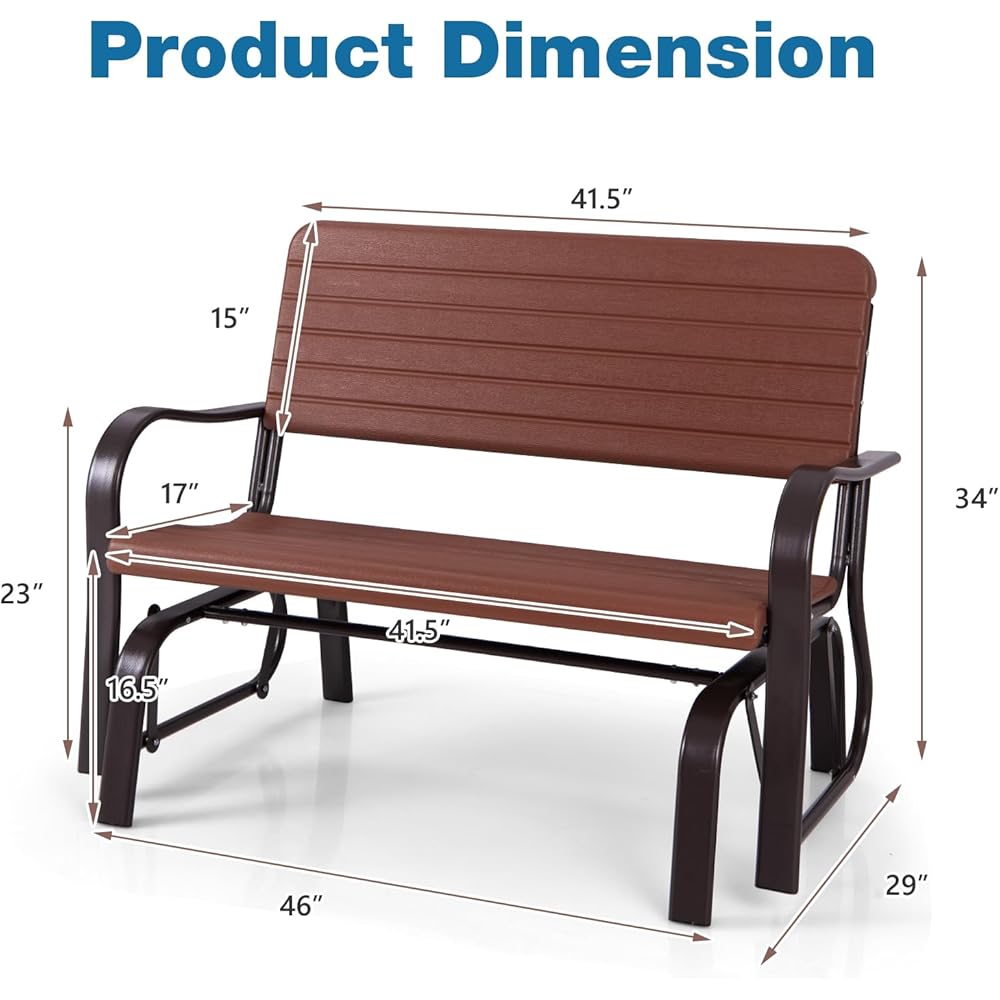 Tangkula Outdoor Glider Bench, Porch Glider Loveseat Swing Bench with w/Steel Frame, 2-Seat Rocking Chair for Porch, Garden, Backyard, Lawn (Coffee)