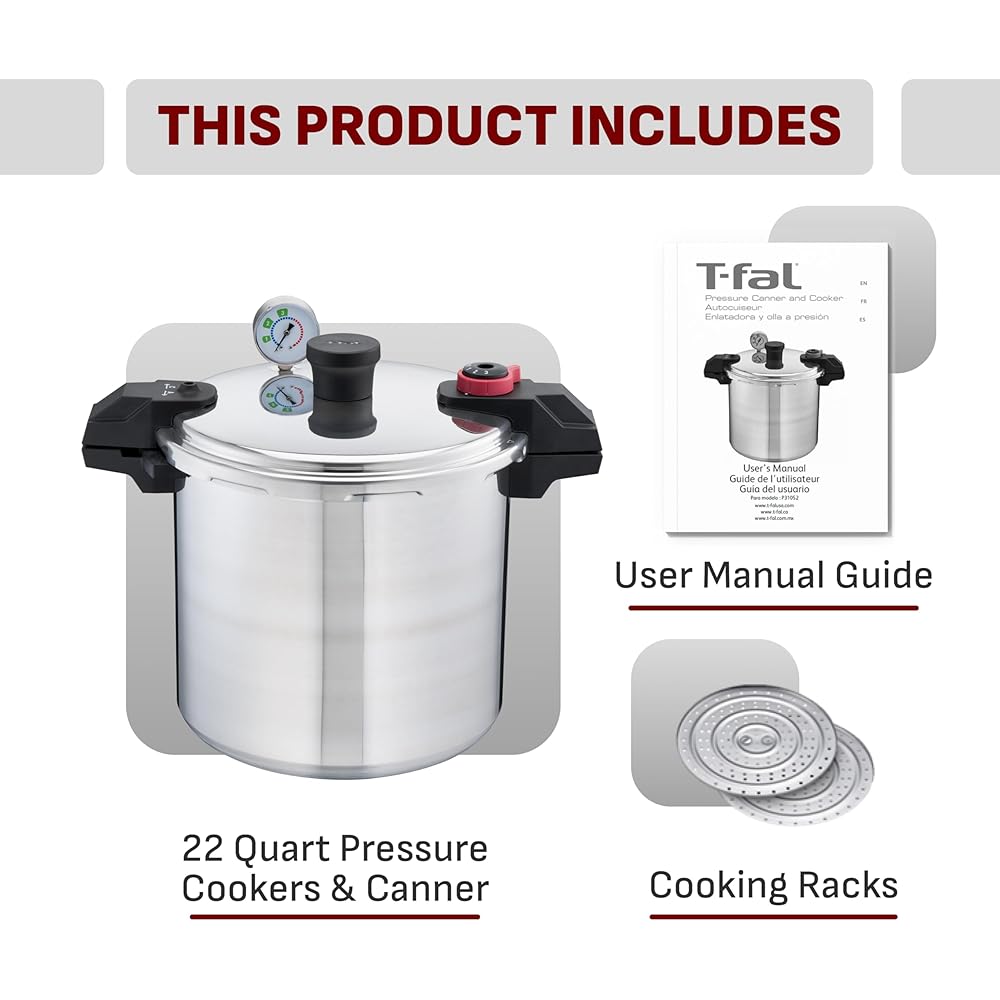 T-fal Pressure Cooker Aluminum Pressure Canner, 22 Quart, 3 PSI Settings, Cookware, Pots and Pans, Large Capacity, Cooling Racks, Recipe Booket, Canning Vegetables, Meats, Poultry, Seafood, Silver
