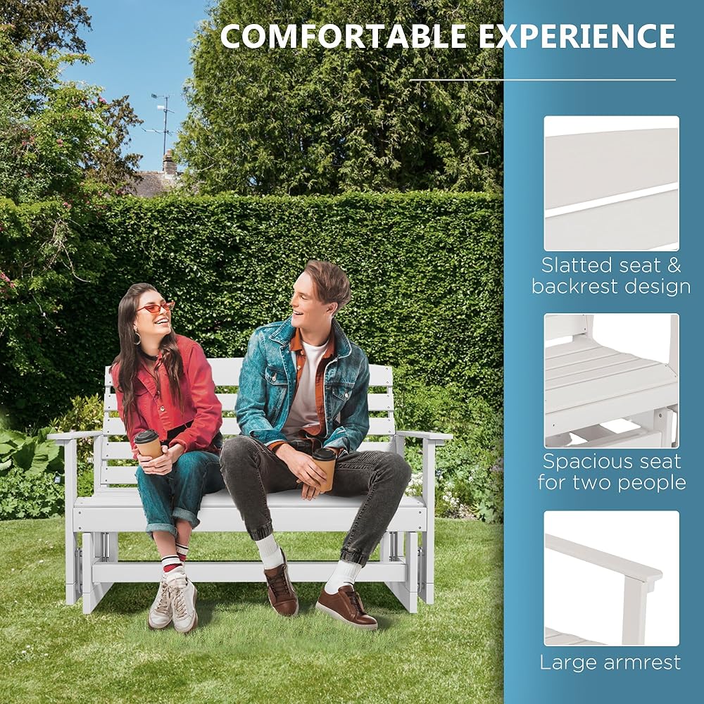 Outsunny 2-Person Outdoor Glider Bench Patio Double Swing Rocking Chair Loveseat w/Slatted HDPE Frame for Backyard Garden Porch, White