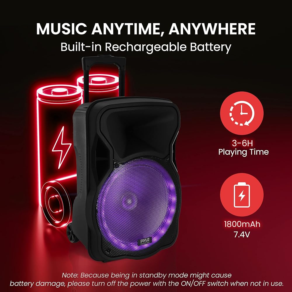 PyleUsa Portable Bluetooth PA Speaker-300W 12” Rechargeable Indoor/Outdoor BT Karaoke Audio System LED Display, FM/AUX/MP3/USB/SD,1/4" in, Handle, Wheels-Wireless &amp; Wired Mic, Remote Control