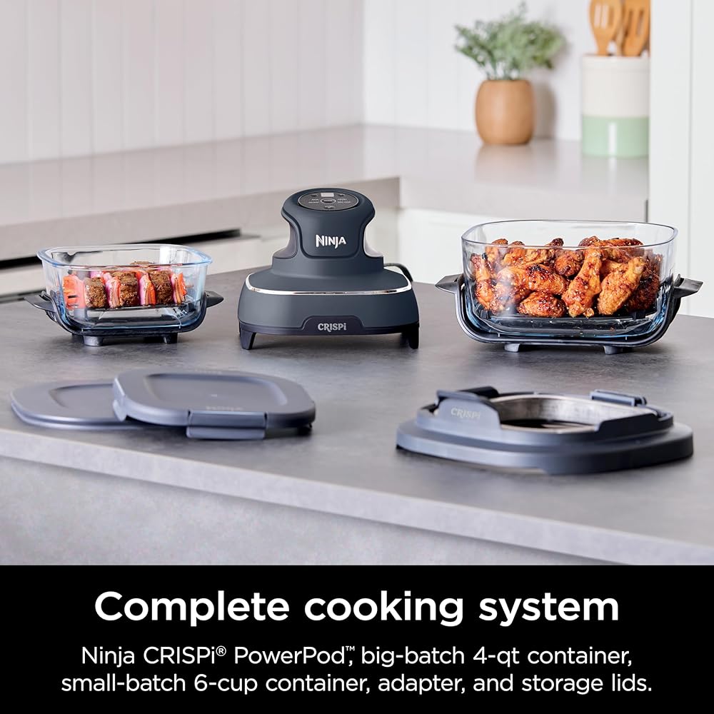 Ninja Crispi 4-in-1 Portable Glass Air Fryer Cooking System, 1500W, 4QT &amp; 6-Cup TempWare Glass Containers with Storage Lids, Microwave, Freezer &amp; Dishwasher Safe, Cyberspace Gray, FN101GY