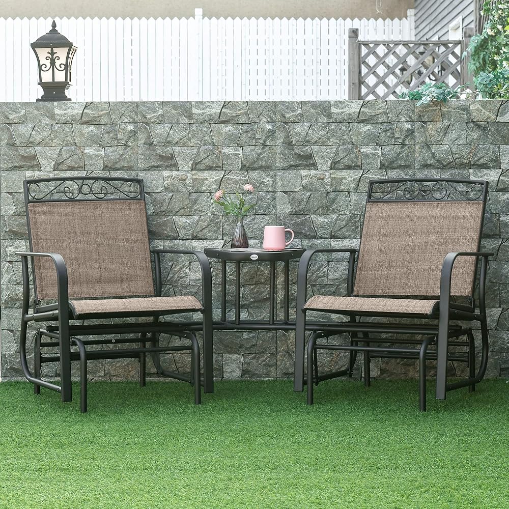 Outsunny Outdoor Glider Chairs with Coffee Table, Patio 2-Seat Rocking Chair Swing with Breathable Sling for Backyard, Garden and Porch, Brown