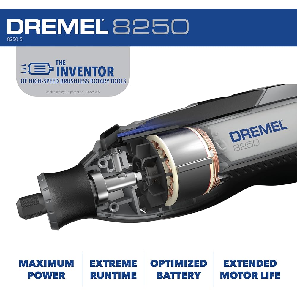 Dremel 8250-5 12V Lithium-Ion Variable Speed Cordless Rotary Tool with Brushless Motor 5 Rotary Tool Accessories, 3Ah Battery, Charger, and Tool Bag