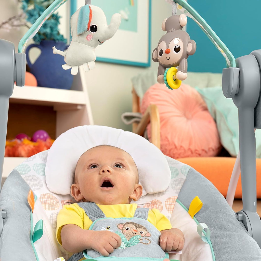 Bright Starts Portable Automatic 6-Speed Baby Swing with Adaptable Speed, Taggies, Music, Removable-Toy-Bar, 0-9 Months 6-20 lbs (Whimsical Wild)