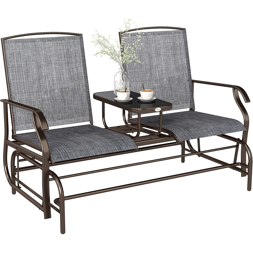 Outsunny Outdoor Glider Bench with Center Table, Metal Frame Patio Loveseat with Breathable Mesh Fabric and Armrests for Backyard Garden Porch, Gray