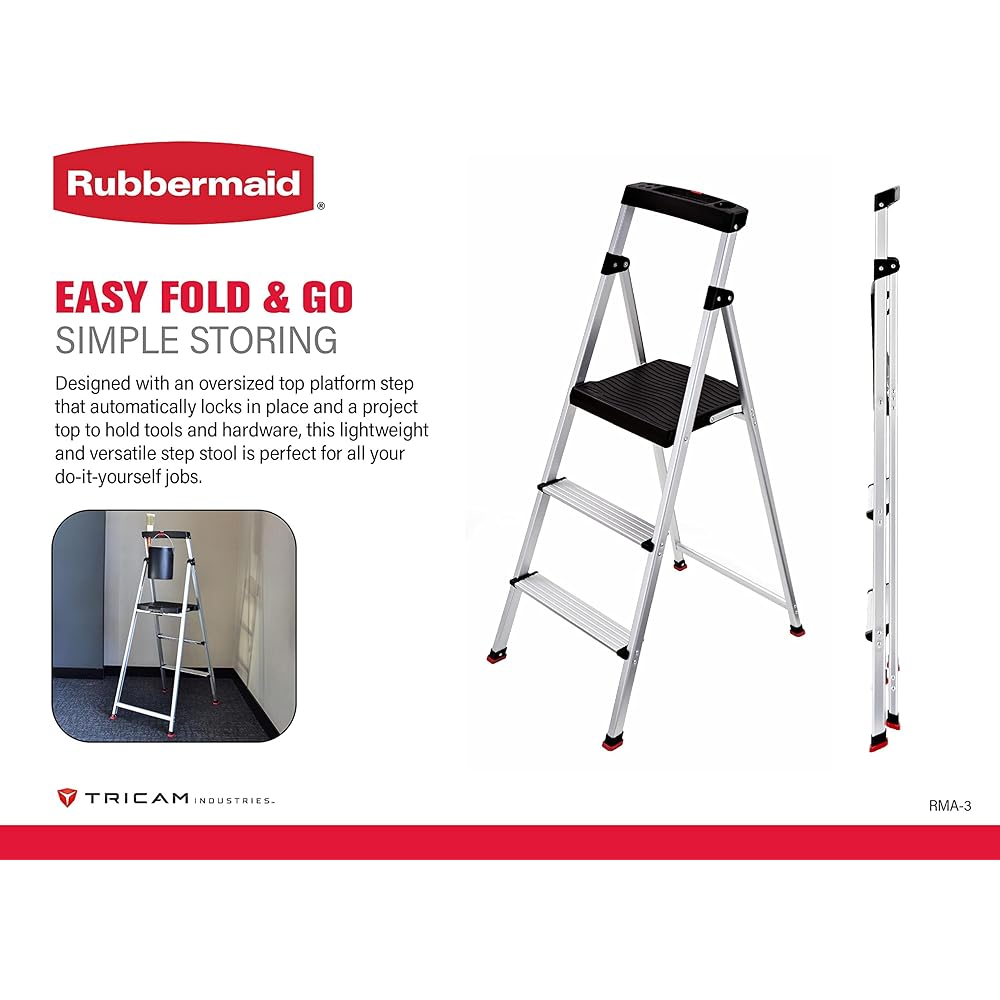 Rubbermaid 3-Step Ladder, Aluminum Lightweight Folding Step Stool with Project Top, Silver, Tested to US Safety Standards, No Assembly Required