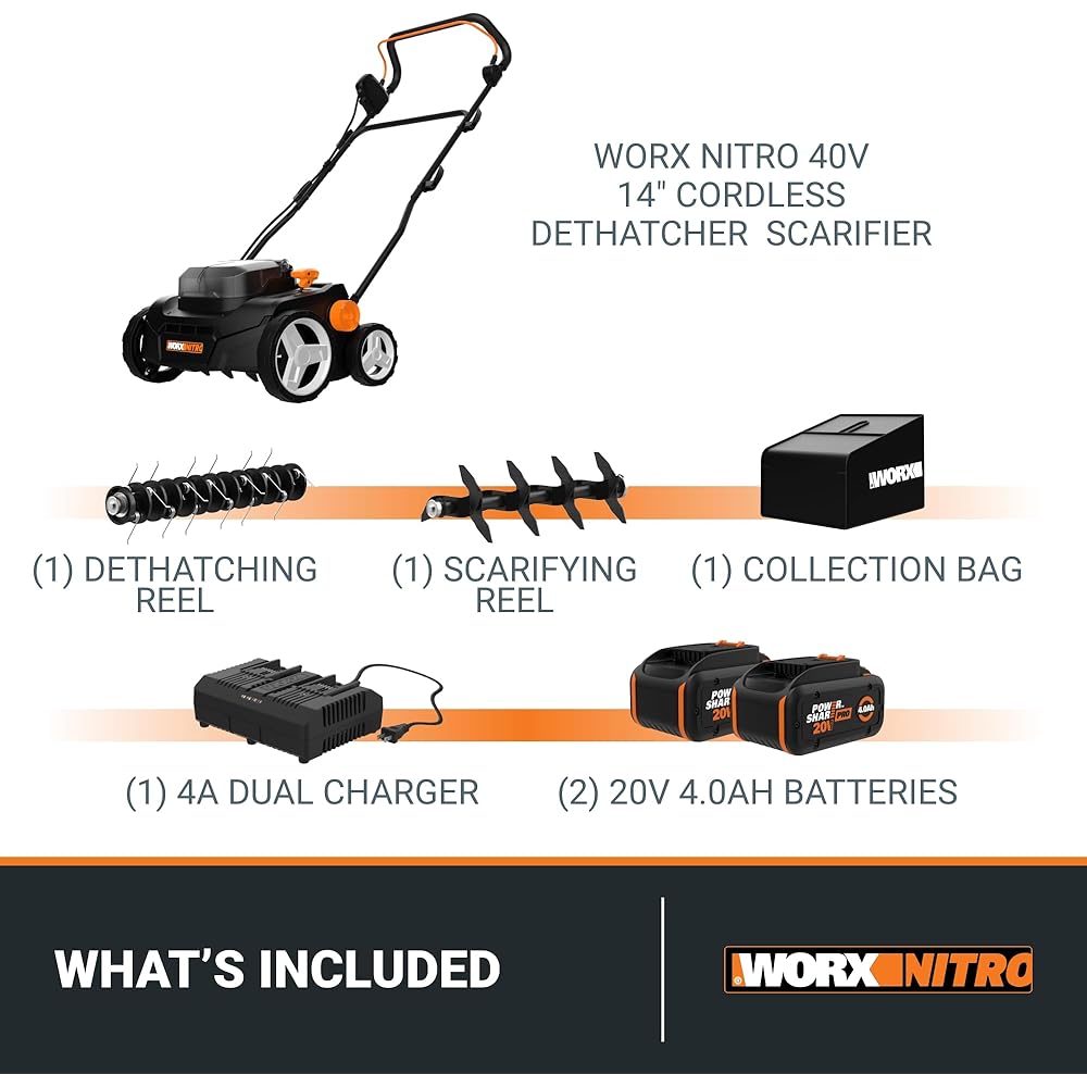 Worx Nitro 40V Cordless 14" Lawn Dethatcher w/ Brushless Motor, 2-in-1 Dethatcher and Scarifier Removes Deep Thatch, Dethatcher Cordless Tool to Improve Grass Health 2 Batteries &amp; Charger Included