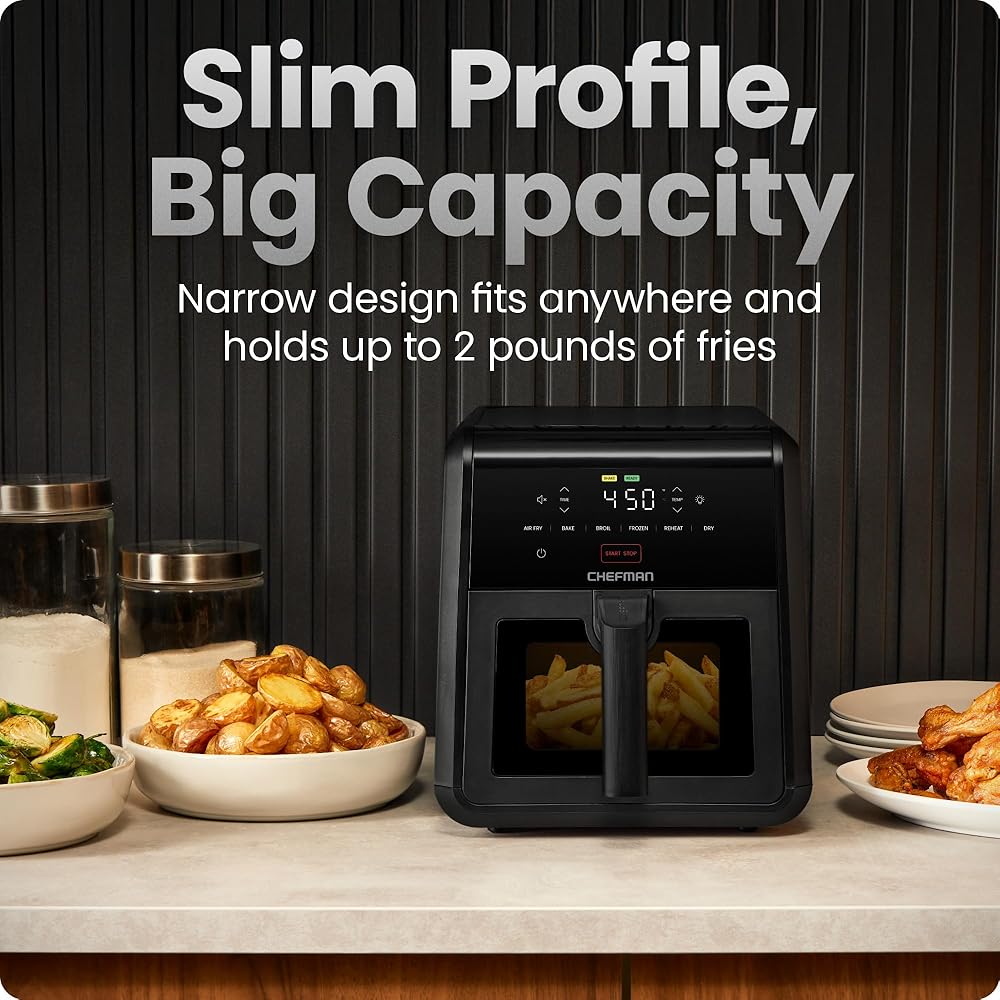 Chefman Air Fryer TurboFry 7-Qt, 6-in-1 High-Powered 450°F Cooking for Crispier Results, Compact Space-Saving Design, Air Fry, Bake, Broil, Reheat, Dehydrate, Defrost, Fast &amp; Even Cooking – Black