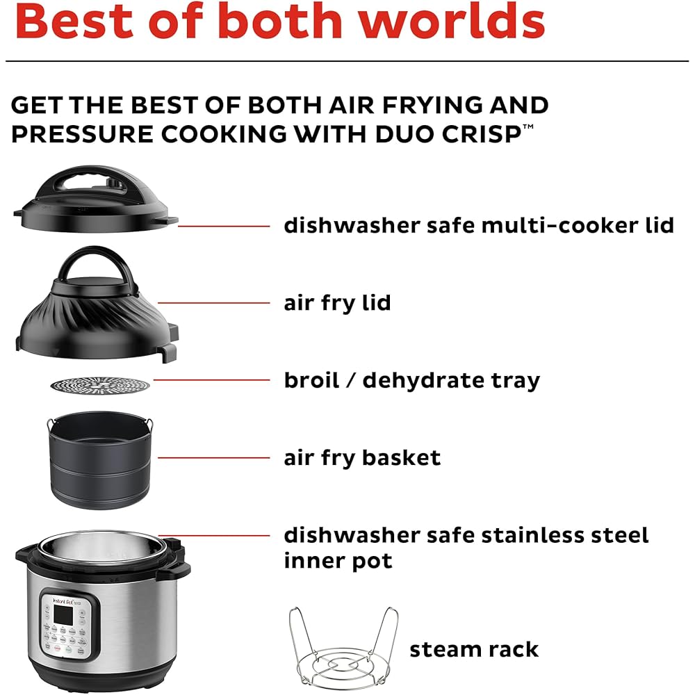 Instant Pot Duo Crisp 11-in-1 Air Fryer and Electric Pressure Cooker Combo with Multicooker Lids that Air Fries, Steams, Slow Cooks, Sautés, Dehydrates, &amp; More, Free App With Over 800 Recipes, 6 Quart