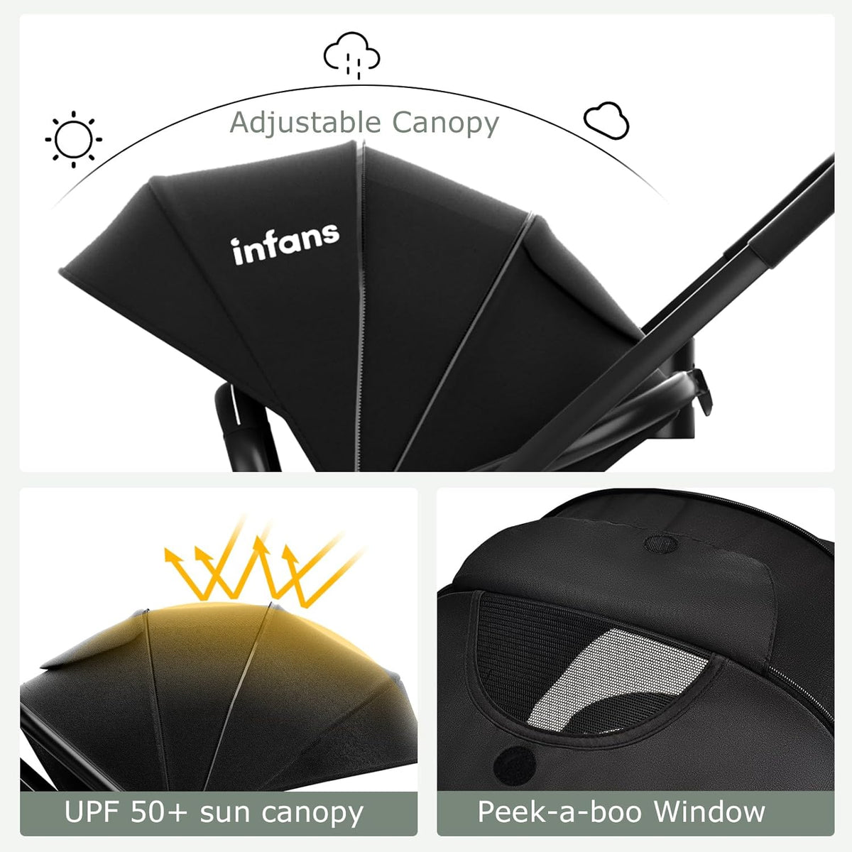 INFANS 2 in 1 Baby Stroller, High Landscape Infant Stroller &amp; Reversible Bassinet Pram, Foldable Pushchair with Adjustable Canopy, Storage Basket, Cup Holder, Suspension Wheels (Black)