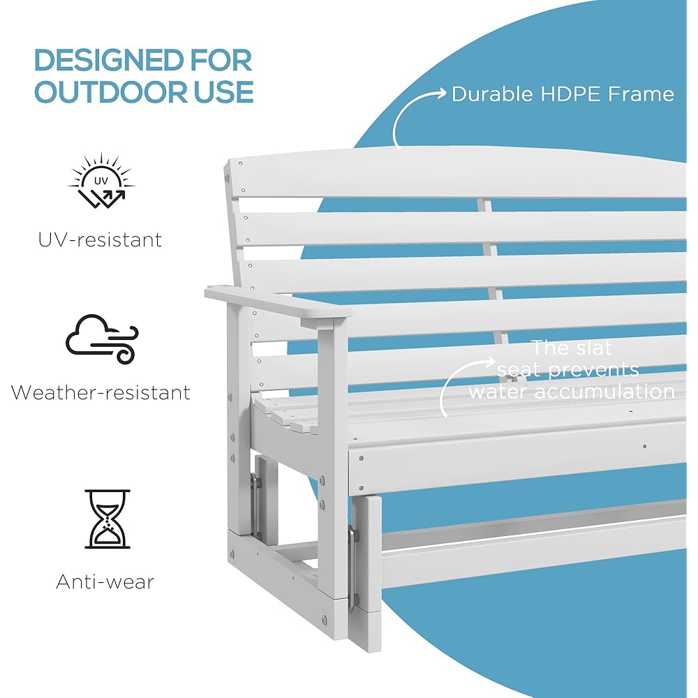 Outsunny 2-Person Outdoor Glider Bench Patio Double Swing Rocking Chair Loveseat w/Slatted HDPE Frame for Backyard Garden Porch, White