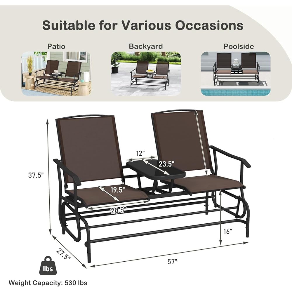 Tangkula 2 Person Swing Glider Chair, Patio Rocking Loveseat w/Center Tempered Glass Table, Outdoor Swing Bench w/Steel Frame &amp; Breathable Mesh Fabric for Porch, Balcony, Poolside (Brown)