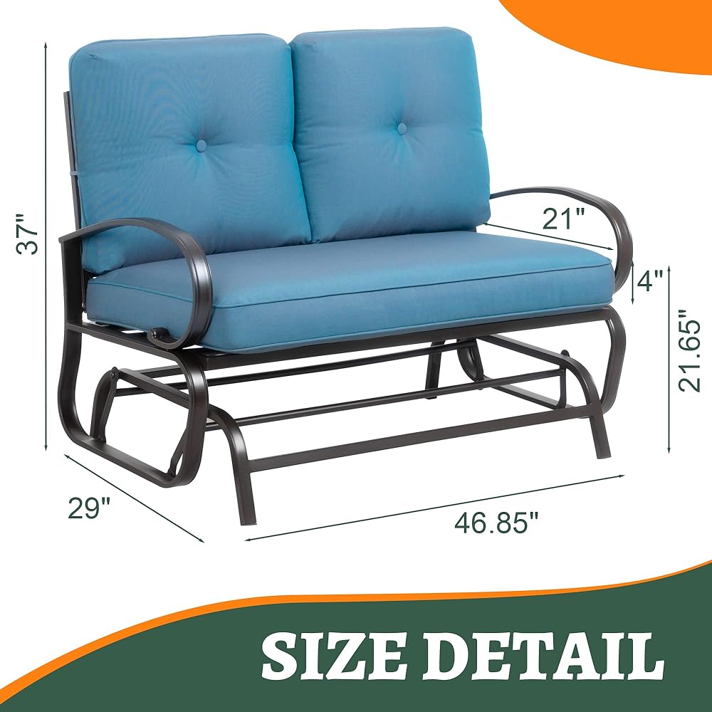 Shintenchi Metal Outdoor Patio Swing Glider Bench, Loveseat Rocking Chair, Wrought Iron Patio Furniture Steel Frame Glider Chair with Cushion for Porch, Balcony, Garden(Blue)