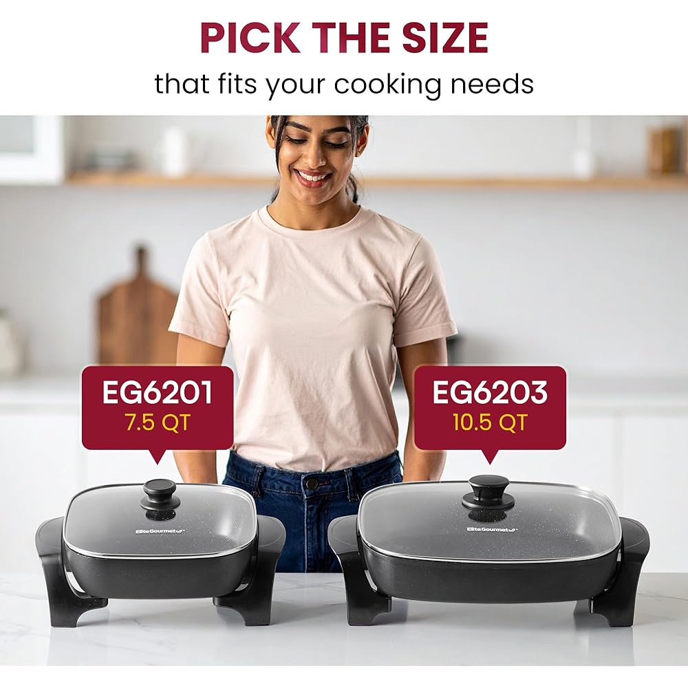 Elite Gourmet EG-6203# Extra Deep 16"x13"x3.2" (10.5Qt.) Scratch Resistant, Easy Pour Spout Dishwasher Safe, Non-stick Electric Skillet with Glass Vented Lid, Adjustable Temperature, Black