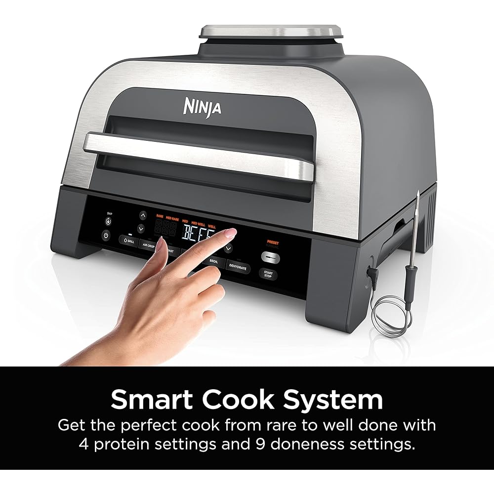 Ninja DG551 Foodi Smart XL 6-in-1 Indoor Grill with Air Fry, Roast, Bake, Broil, &amp; Dehydrate, Foodi Smart Thermometer, 2nd Generation, Black/Silver