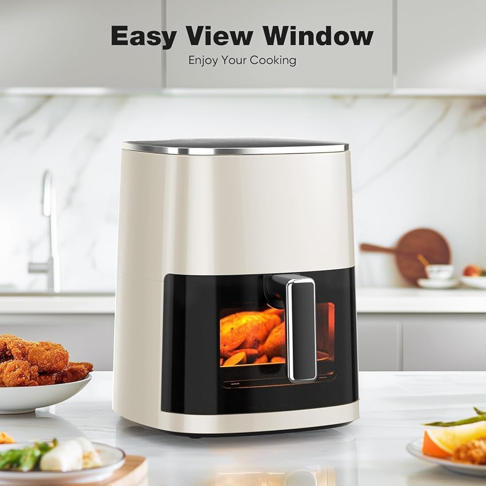 Elevon 6QT Large Air Fryer, 12-in-1 Digital Airfryer with Clear Window, Roast, Reheat, Dehydrate, Bake, Steam with 400F and More, Dishwasher Safe, Nonstick, Fit for Family of 2-5, Beige