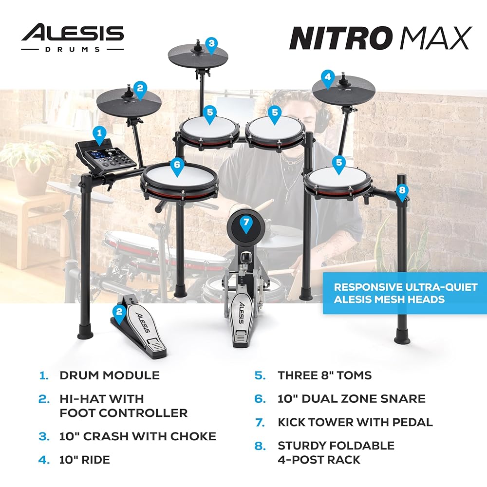 Alesis Nitro Max Kit 10 Piece Electric Drum Set with Quiet Mesh Pads, 10" Dual Zone Snare, Bluetooth, 440+ Sounds, Drumeo, Drum Throne and Headphones