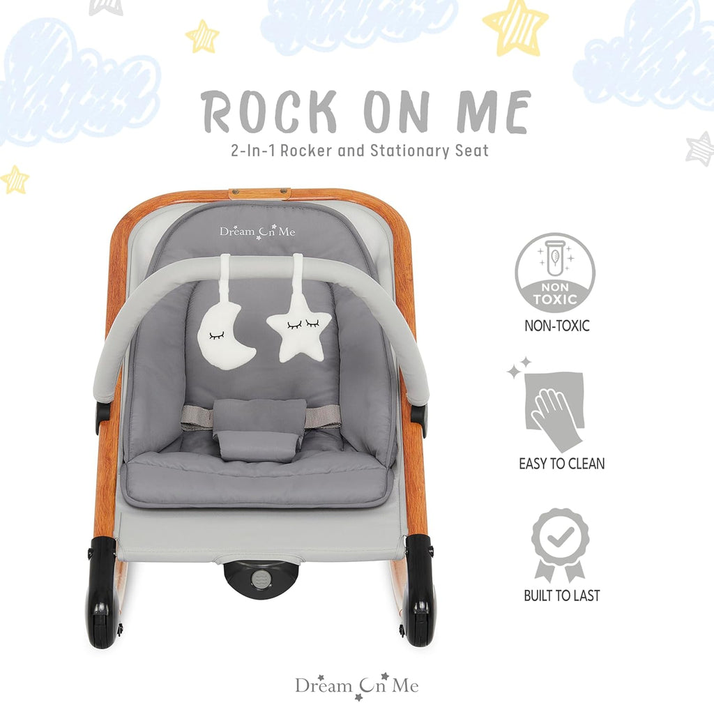 Dream on Me Rock with me 2-in-1 Rocker and Stationary Seat | Compact Portable Infant Rocker with Removable Toys Bar &amp; Hanging Toys in Grey