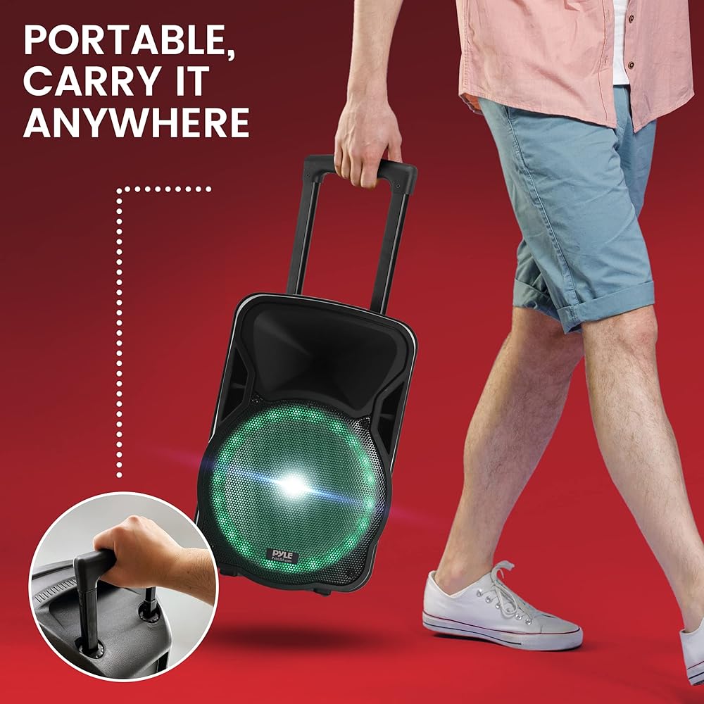 PyleUsa Portable Bluetooth PA Speaker-300W 12” Rechargeable Indoor/Outdoor BT Karaoke Audio System LED Display, FM/AUX/MP3/USB/SD,1/4" in, Handle, Wheels-Wireless &amp; Wired Mic, Remote Control