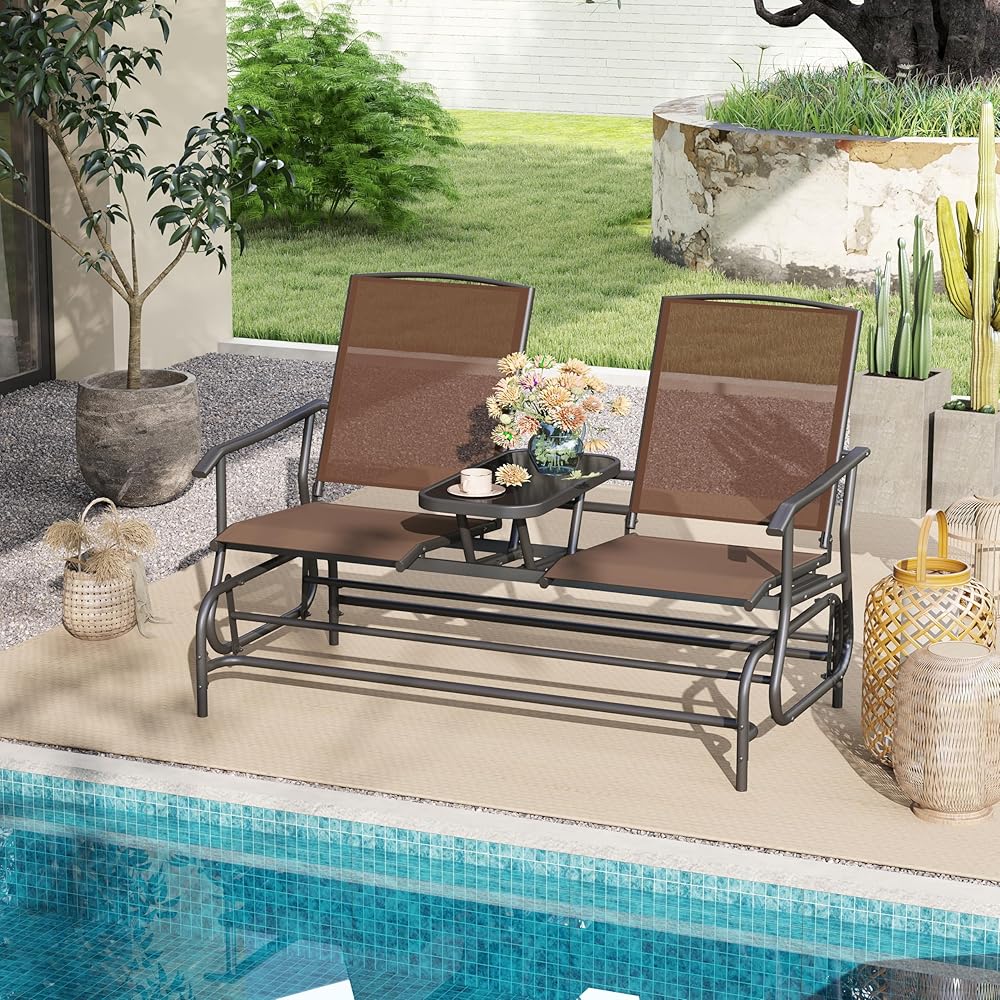 Tangkula 2 Person Swing Glider Chair, Patio Rocking Loveseat w/Center Tempered Glass Table, Outdoor Swing Bench w/Steel Frame &amp; Breathable Mesh Fabric for Porch, Balcony, Poolside (Brown)