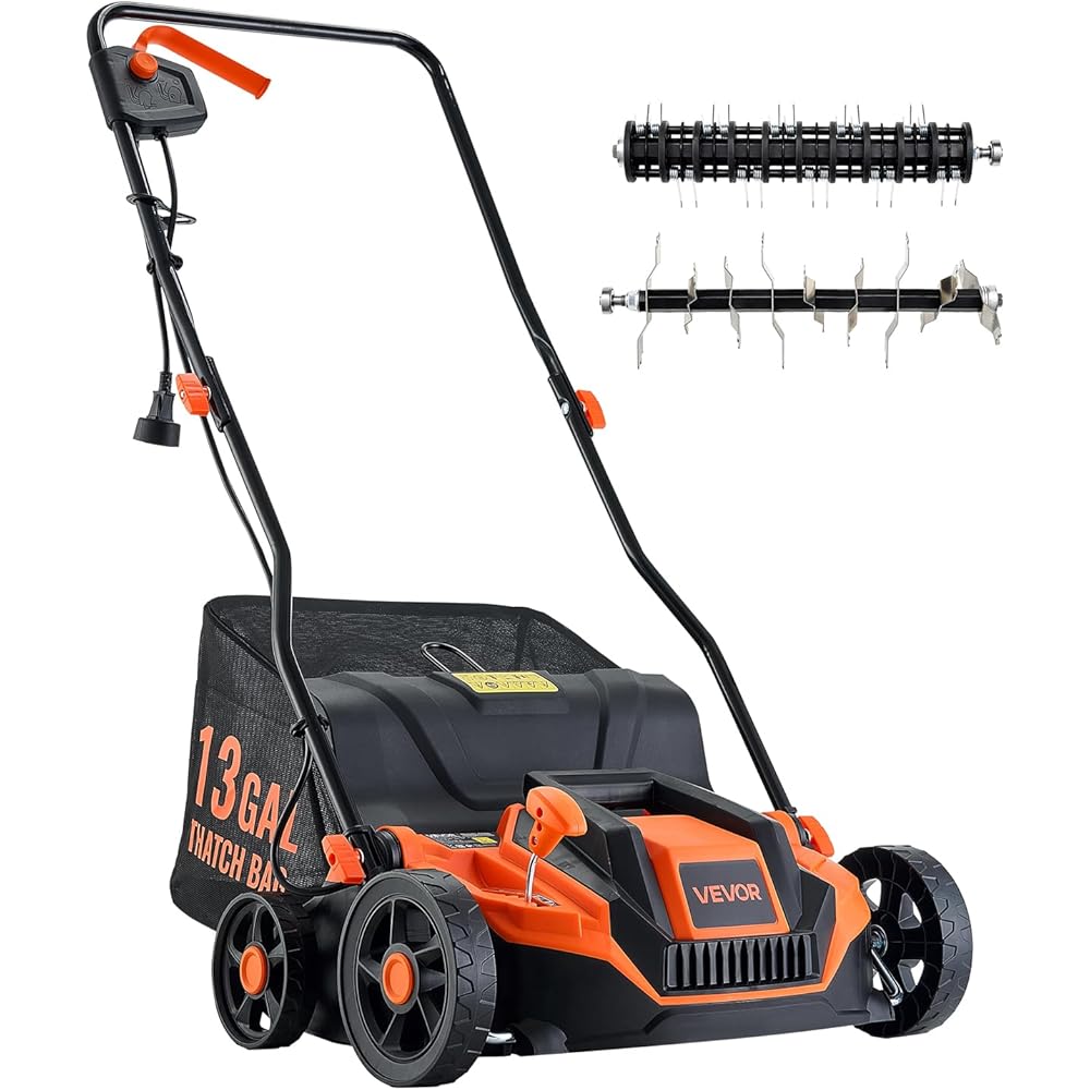 VEVOR 2-in-1 Electric Dethatcher and Scarifier, 13-Inch 13 Amp, Corded Lawn Dethatcher with 13-Gallon Thatch Collection Bag, 5-Position Depth Adjustment, Walk Behind Machine for Garden Yard Grass