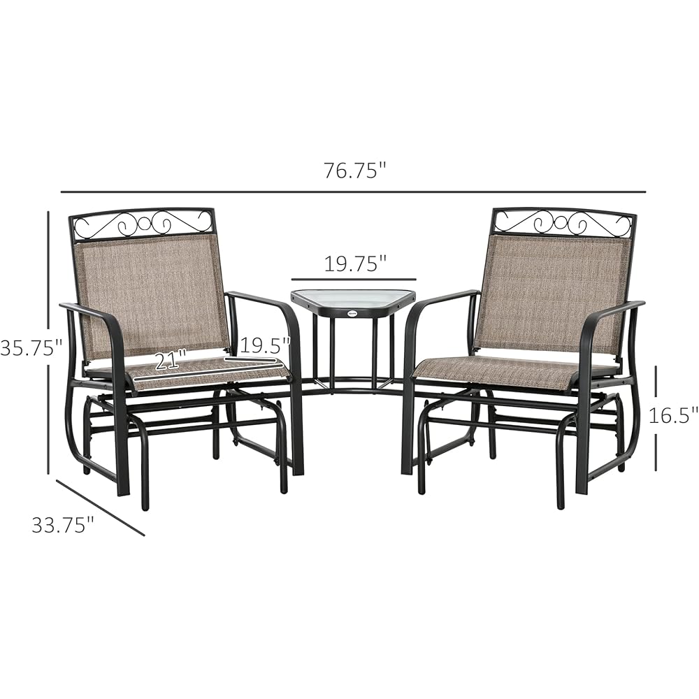 Outsunny Outdoor Glider Chairs with Coffee Table, Patio 2-Seat Rocking Chair Swing with Breathable Sling for Backyard, Garden and Porch, Brown
