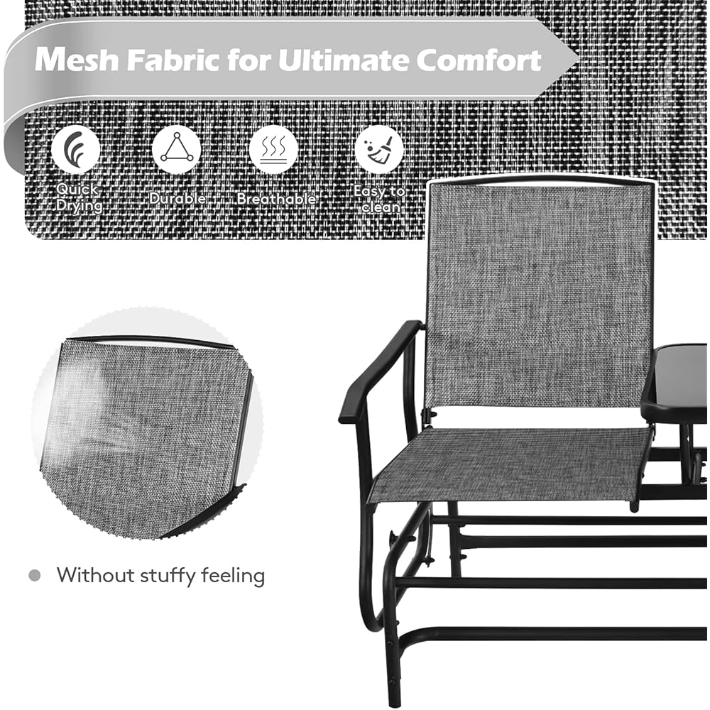 FANTASK 2 Person Outdoor Glider Bench w/Tempered Glass Table, Swing Patio Glider Chair with Steel Frame &amp; Breathable Seat, Double Rocking Chair for Porch, Poolside, Patio, Garden (Grey)