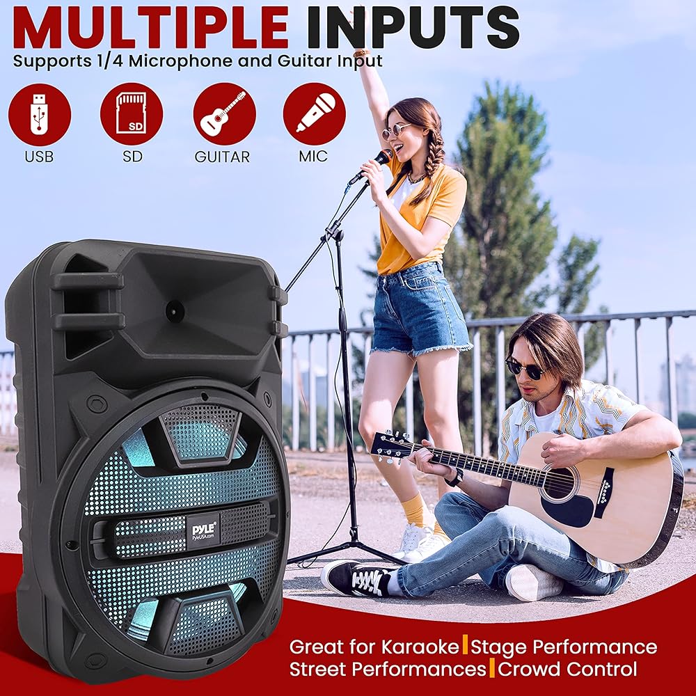 Pyle 12'' Portable Bluetooth Speaker System 800 Watts Karaoke Speaker w/ Latest DJ LED Lights, USB/FM/BT/Aux/Remote Control/Mic Inputs &amp; Built-in Rechargeable Battery PPHP1243B