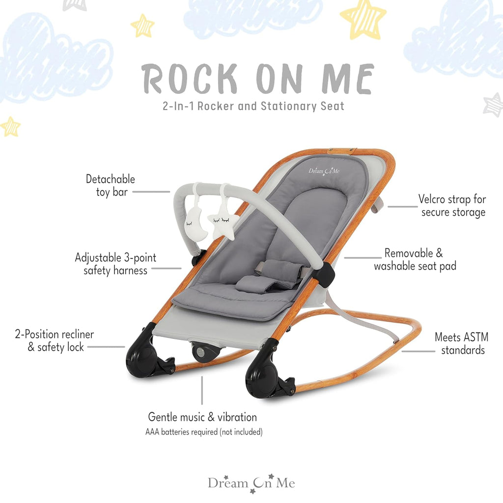 Dream on Me Rock with me 2-in-1 Rocker and Stationary Seat | Compact Portable Infant Rocker with Removable Toys Bar &amp; Hanging Toys in Grey