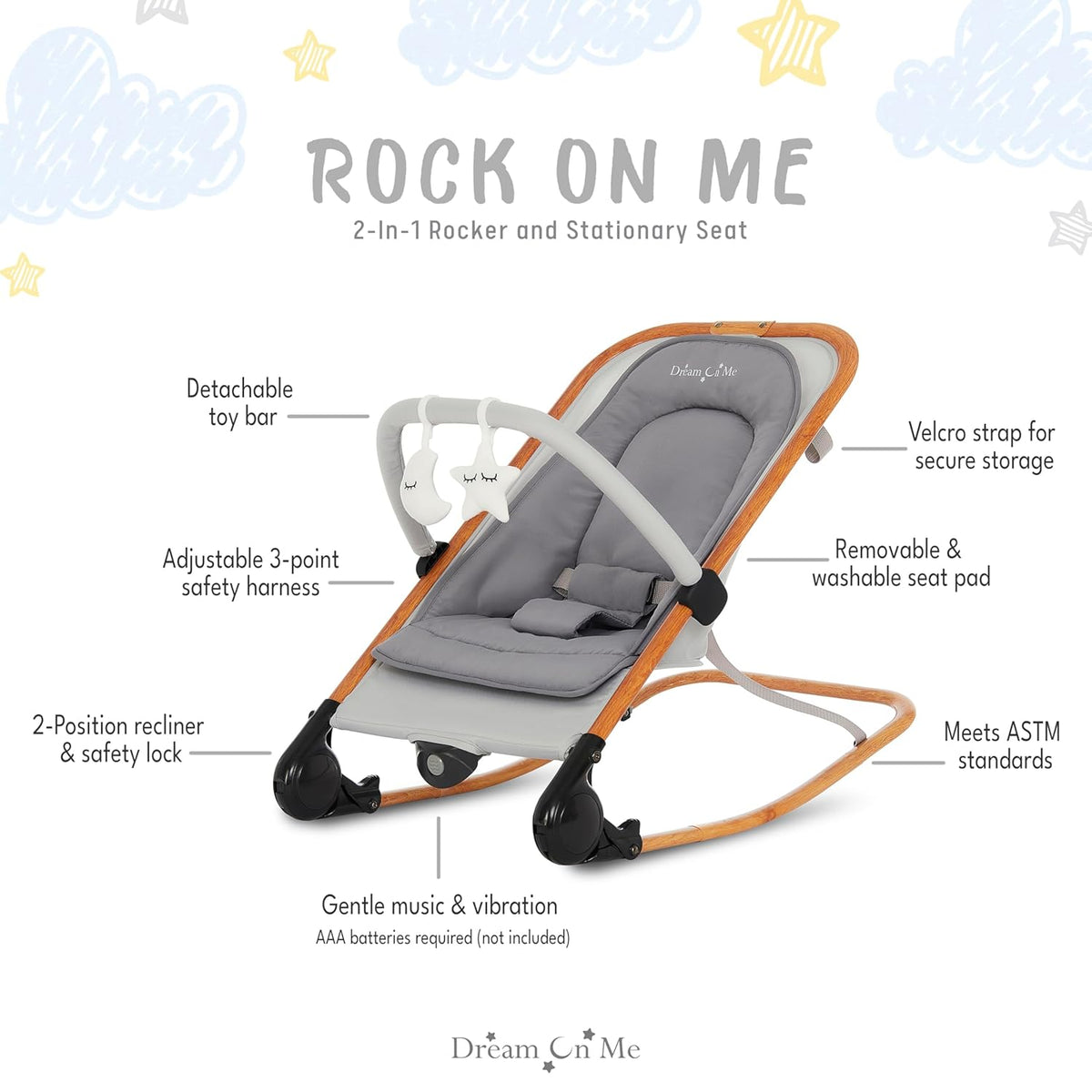Dream on Me Rock with me 2-in-1 Rocker and Stationary Seat | Compact Portable Infant Rocker with Removable Toys Bar &amp; Hanging Toys in Grey