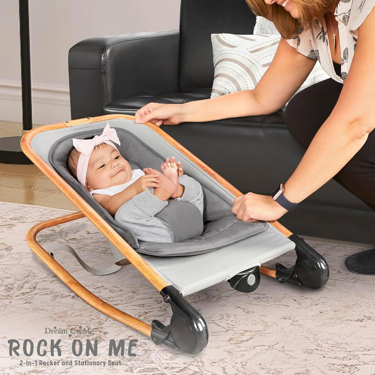 Dream on Me Rock with me 2-in-1 Rocker and Stationary Seat | Compact Portable Infant Rocker with Removable Toys Bar &amp; Hanging Toys in Grey