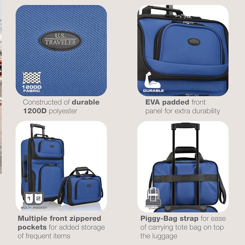 | U.S. Traveler Rio Softside Expandable Carry-on Rolling Luggage, Royal Blue, 2 Wheel Set | Carry-Ons