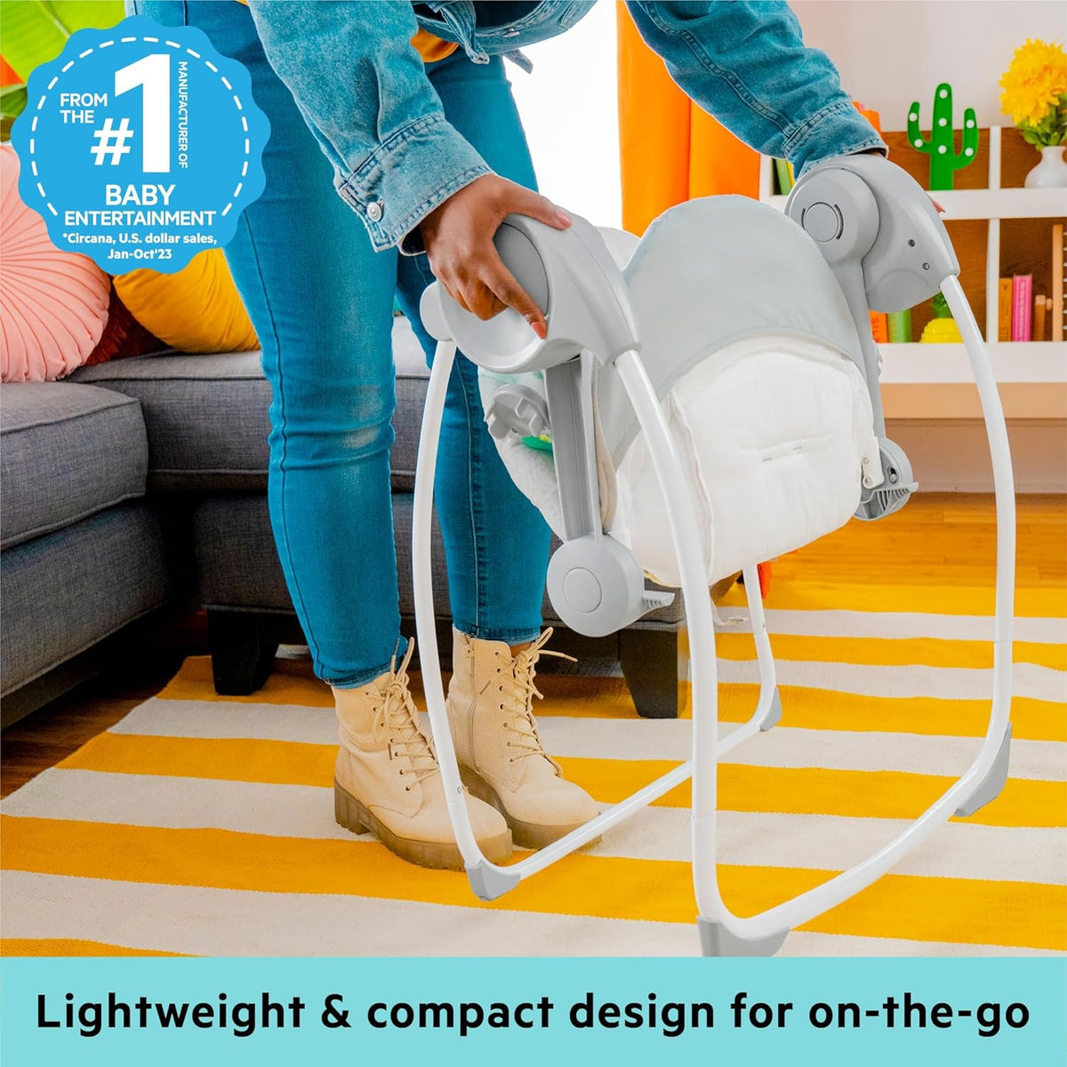 Bright Starts Portable Automatic 6-Speed Baby Swing with Adaptable Speed, Taggies, Music, Removable-Toy-Bar, 0-9 Months 6-20 lbs (Whimsical Wild)