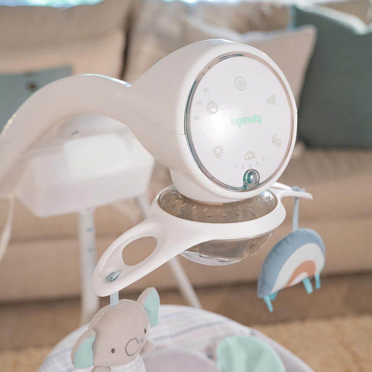 Ingenuity InLighten 5-Speed Baby Swing Swivel Infant Seat, 5 Point Safety Harness, Nature Sounds, Lights Van Elephant