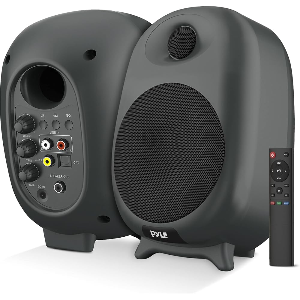 PyleUsa HiFi 60W Powered Bluetooth Bookshelf Monitor Speaker Set, Optical RCA Input, Bass/Treble Adjustable,Deep Bass, 3 Audio Mode,Studio Computer Desk Stereo System,Remote Control,Black PBKSR40