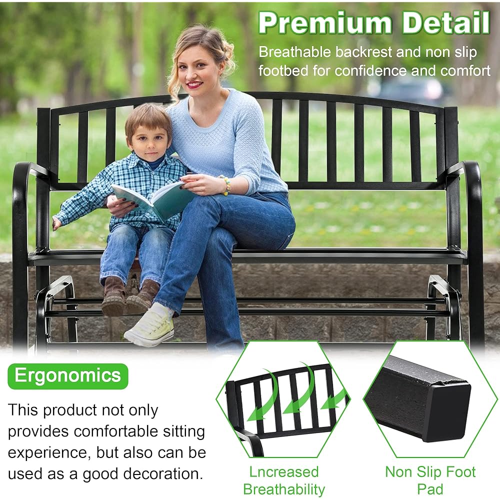 Metal Outdoor Glider Bench Waterproof Patio Glider Bench Porch Glider Swing Rocking Chair Glider with Powder Coated Frame for Garden Porch Balcony Backyard Lawn