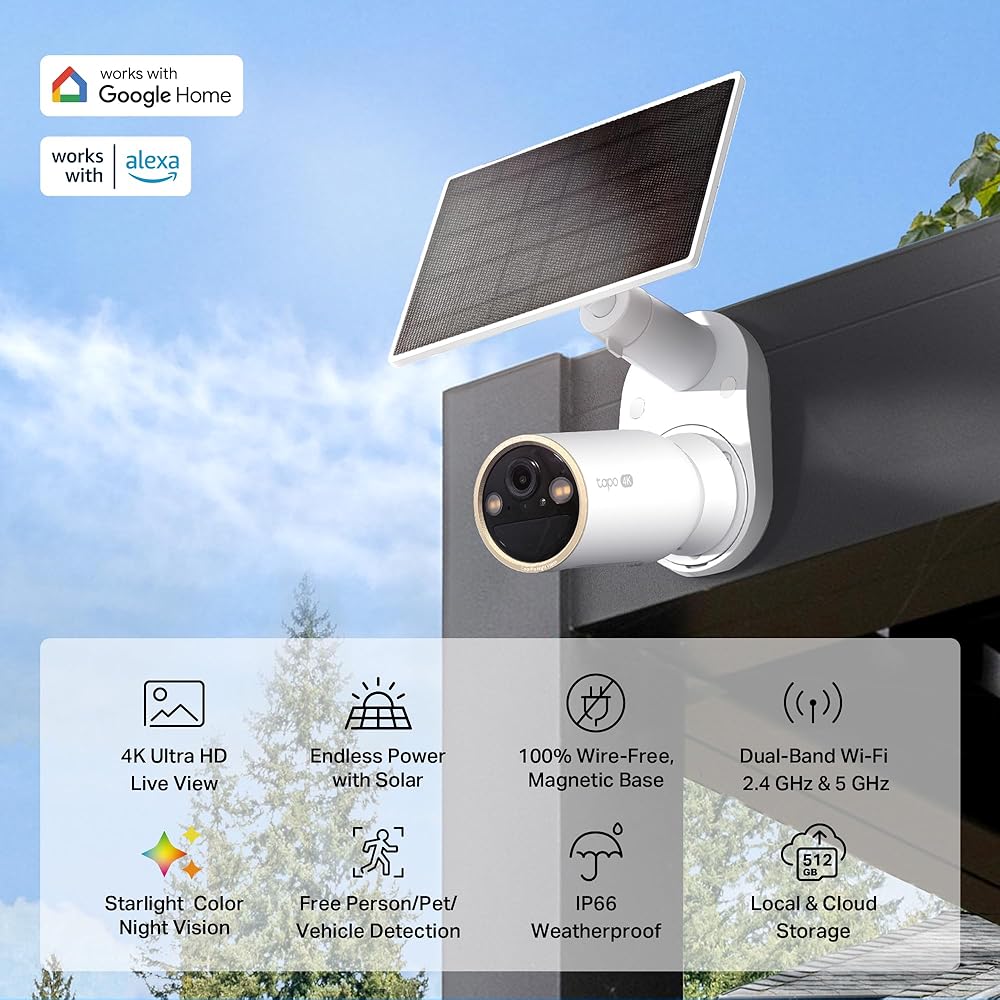 Tapo MagCam 4K Solar, 4K Ultra HD Outdoor Wireless Battery Camera w/Solar Panel – 24/7 Capture, Free Person/Vehicle Detection, Starlight Color Night Vision, Works w/Alexa &amp; Google Home