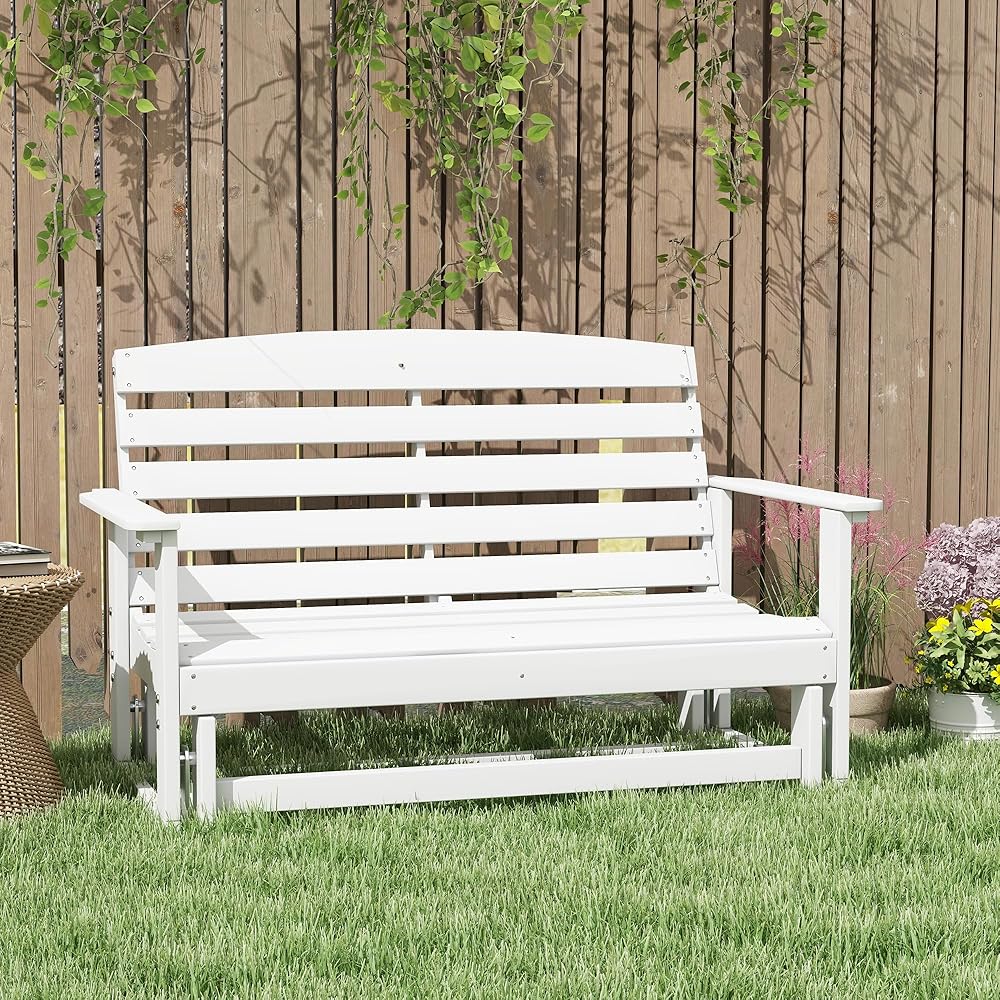 Outsunny 2-Person Outdoor Glider Bench Patio Double Swing Rocking Chair Loveseat w/Slatted HDPE Frame for Backyard Garden Porch, White