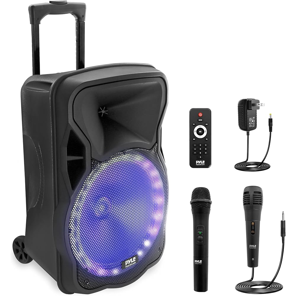 PyleUsa Portable Bluetooth PA Speaker-300W 12” Rechargeable Indoor/Outdoor BT Karaoke Audio System LED Display, FM/AUX/MP3/USB/SD,1/4" in, Handle, Wheels-Wireless &amp; Wired Mic, Remote Control