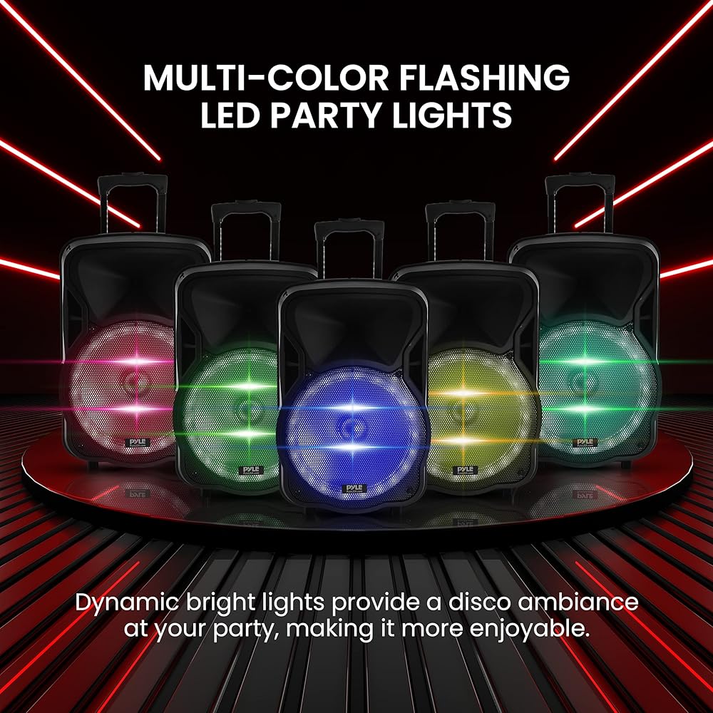 PyleUsa Portable Bluetooth PA Speaker-300W 12” Rechargeable Indoor/Outdoor BT Karaoke Audio System LED Display, FM/AUX/MP3/USB/SD,1/4" in, Handle, Wheels-Wireless &amp; Wired Mic, Remote Control