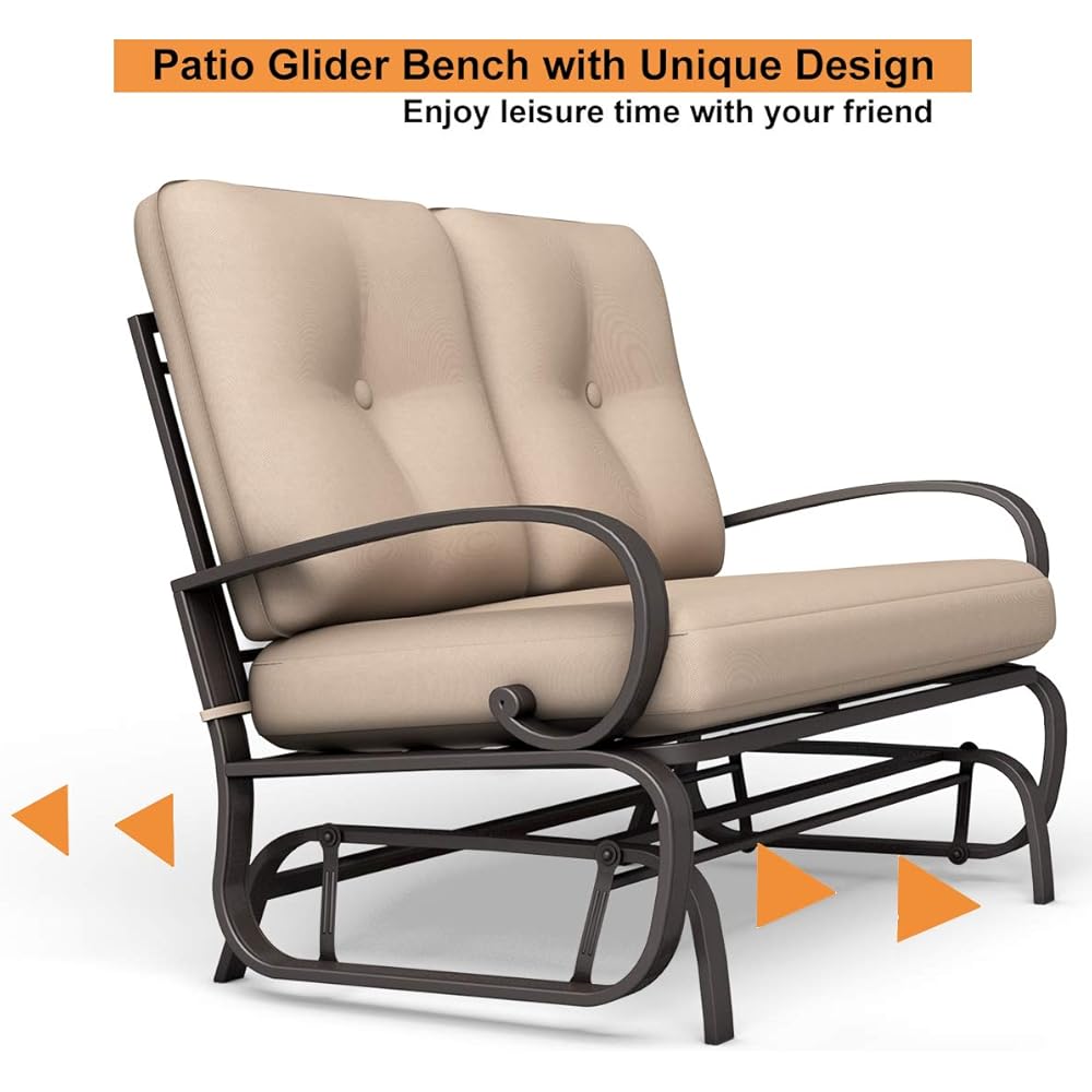 Giantex Outdoor Glider Bench, Patio 2 Person Loveseat with Removable Cushion, Thick Padded Seat, Stable Steel Frame, Outside Glider Swing Chair for Deck, Poolside, Yard, Balcony, Porch, Beige