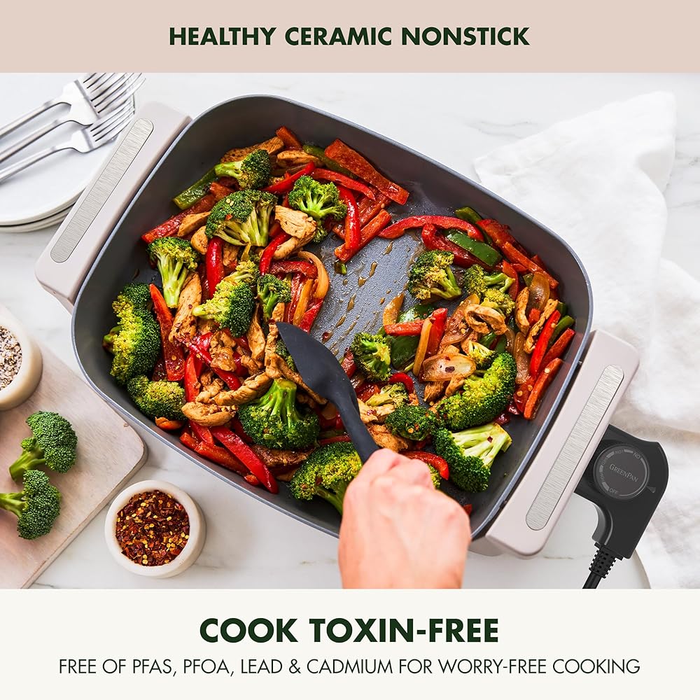 GreenPan Advanced 12” X 15” Electric Skillet with Lid, 7QT Capacity for Family Meals, Healthy Ceramic Nonstick PFAS-Free Coating, Fry, Sauté, Steam, Simmer, Sear, Stir Fry, Dishwasher Safe, Clay